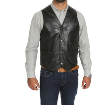 Indlæs billede til gallerivisning Men&#39;s Black Leather Waistcoat Vest
