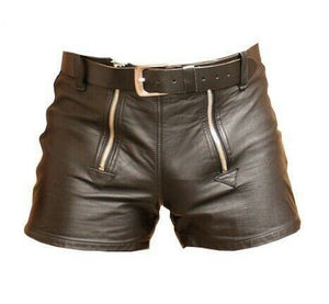 Men's real leather shorts with double zipper & belt