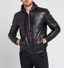 Lataa kuva Galleria-katseluun, Men&#39;s Black Genuine Leather Hoodie
