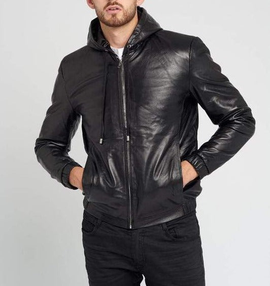 Men's Black Genuine Leather Hoodie