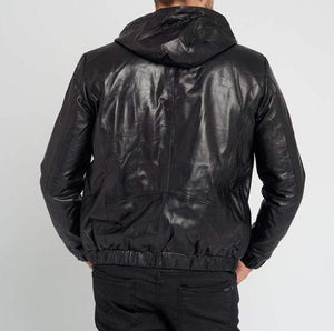 Men's Black Genuine Leather Hoodie