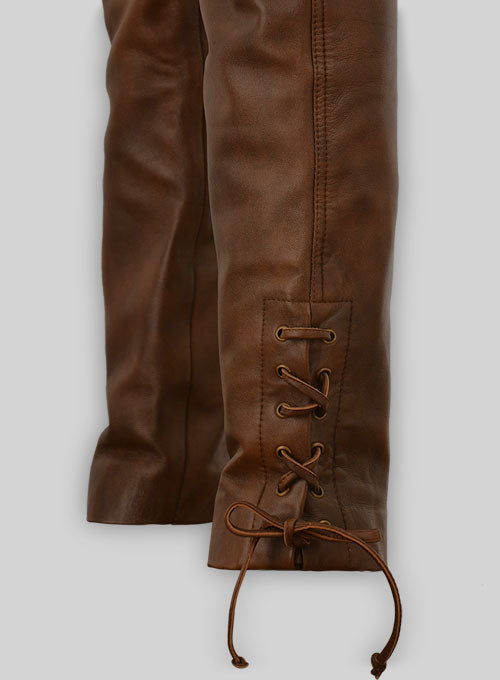Men's Vintage Brown Lace Up Leather Jeans