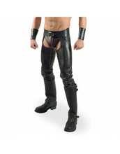 Load image into Gallery viewer, Men&#39;s Black Genuine Leather Chaps With Detachable Cod Gay Pants BLUF
