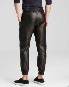 Pantalon de survêtement noir en cuir véritable pour hommes
