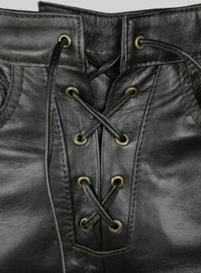 Pantalon de motard noir à lacets en cuir véritable pour homme