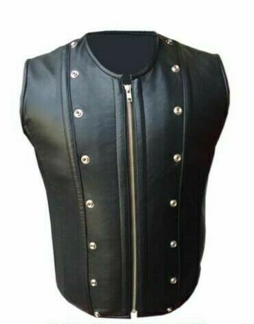 Men's Real Leather Black Biker Style Waistcoat Vest