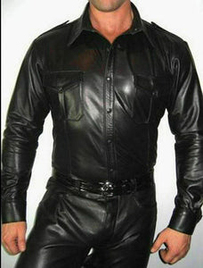 Schwarzes Herrenhemd aus echtem Leder mit langen Ärmeln