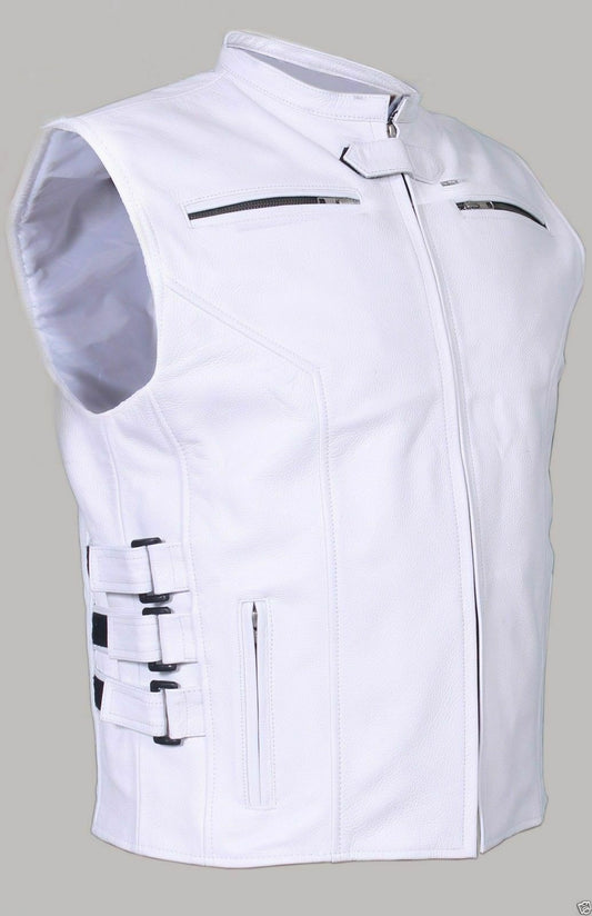 Gilet de motard SWAT en cuir de vachette véritable blanc pour homme