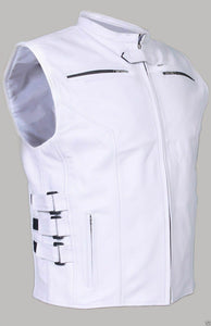 Men's White Real Cow Leather Cut SWAT Biker Waistcoat vest