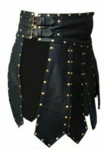 Men's Genuine Leather Studded Gladiator Kilt Larp Black