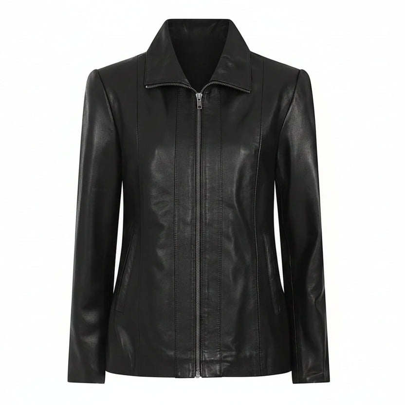 Damen schwarze echte Lederjacke
