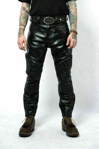 Men's Black Genuine Leather Padded Biker Pants