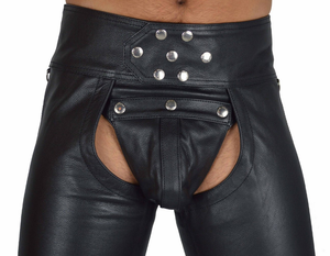 Men's Black Genuine Leather Chaps With Detachable Cod Gay Pants BLUF