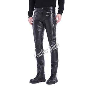 Men's Genuine Leather slim fit Biker pants