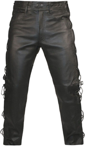 Men's Black Genuine Leather Side Laced Biker trouser pants