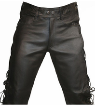 Laden Sie das Bild in den Galerie-Viewer, Schwarze Bikerhose aus echtem Leder mit Seitenschnürung für Herren
