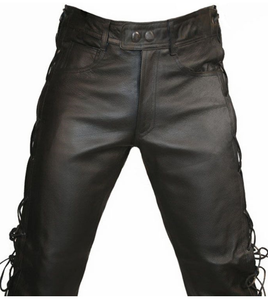 Pantalon de motard noir en cuir véritable avec laçage sur le côté pour homme