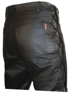 Men's Black Genuine Leather Side Laced Biker trouser pants