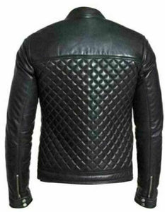 Men's Black Real Leather Racer Neck Quilted Biker Jacket