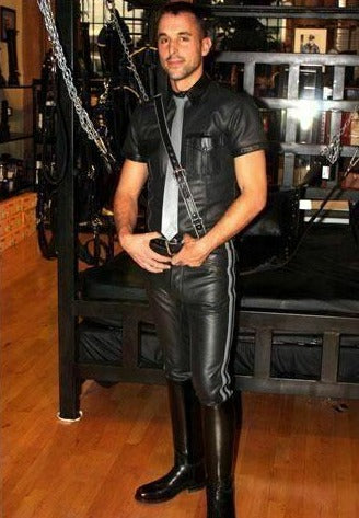 Men's Black Genuine Leather Punk Biker trouser pants