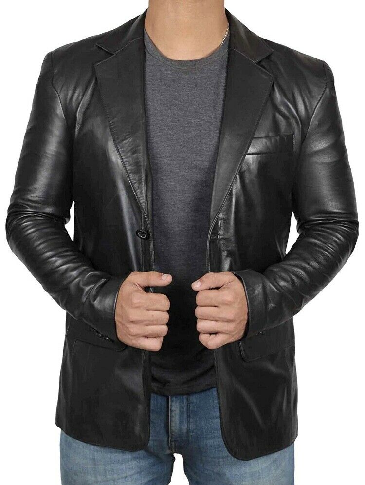 Mens black clearance leather blazer jacket