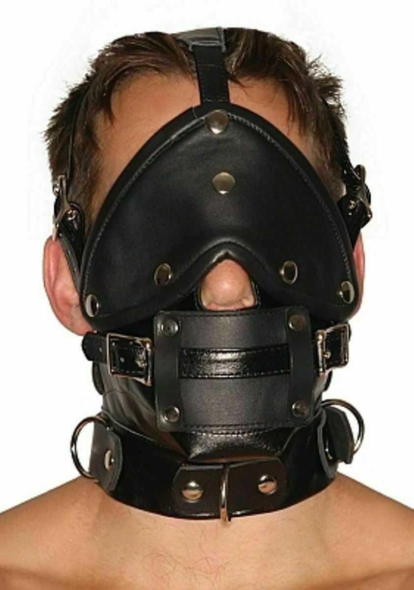 Capuche de masque facial en cuir véritable avec bondage bouche bâillon