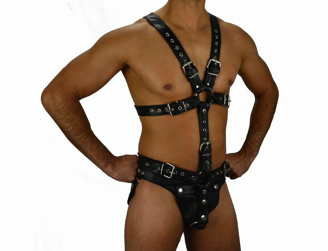 Man's Handmade Genuine Leather Full Body Harness with jockstrap Bondage