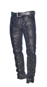 Pantalon de motard à lacets en cuir véritable pour hommes