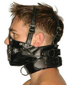 Genuine Leather Face Mask Hood With Mouth Gag Bondage