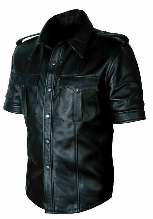 Men's Black Real Leather Short Sleeve Shirt