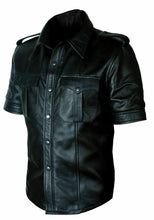 Cargar imagen en el visor de la galería, Men&#39;s Black Real Leather Short Sleeve Shirt
