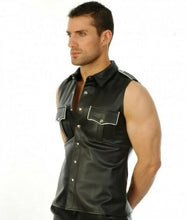 Lataa kuva Galleria-katseluun, Men&#39;s Black Genuine Leather Sleeveless Shirt
