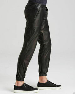 Pantalon de survêtement noir en cuir véritable pour hommes