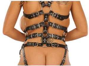 Leather Harness with Metallic Layer and Split Crotch Bondage