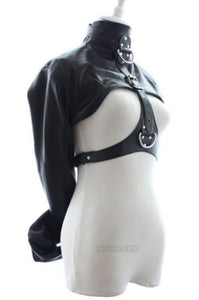 Leather Straitjacket Open-Breast Bolero Collar with O-Ring for Leashes Built in Mittens
