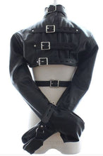 Cargar imagen en el visor de la galería, Leather Straitjacket Open-Breast Bolero Collar with O-Ring for Leashes Built in Mittens
