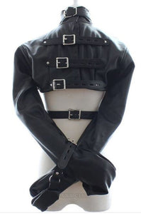 Leather Straitjacket Open-Breast Bolero Collar with O-Ring for Leashes Built in Mittens