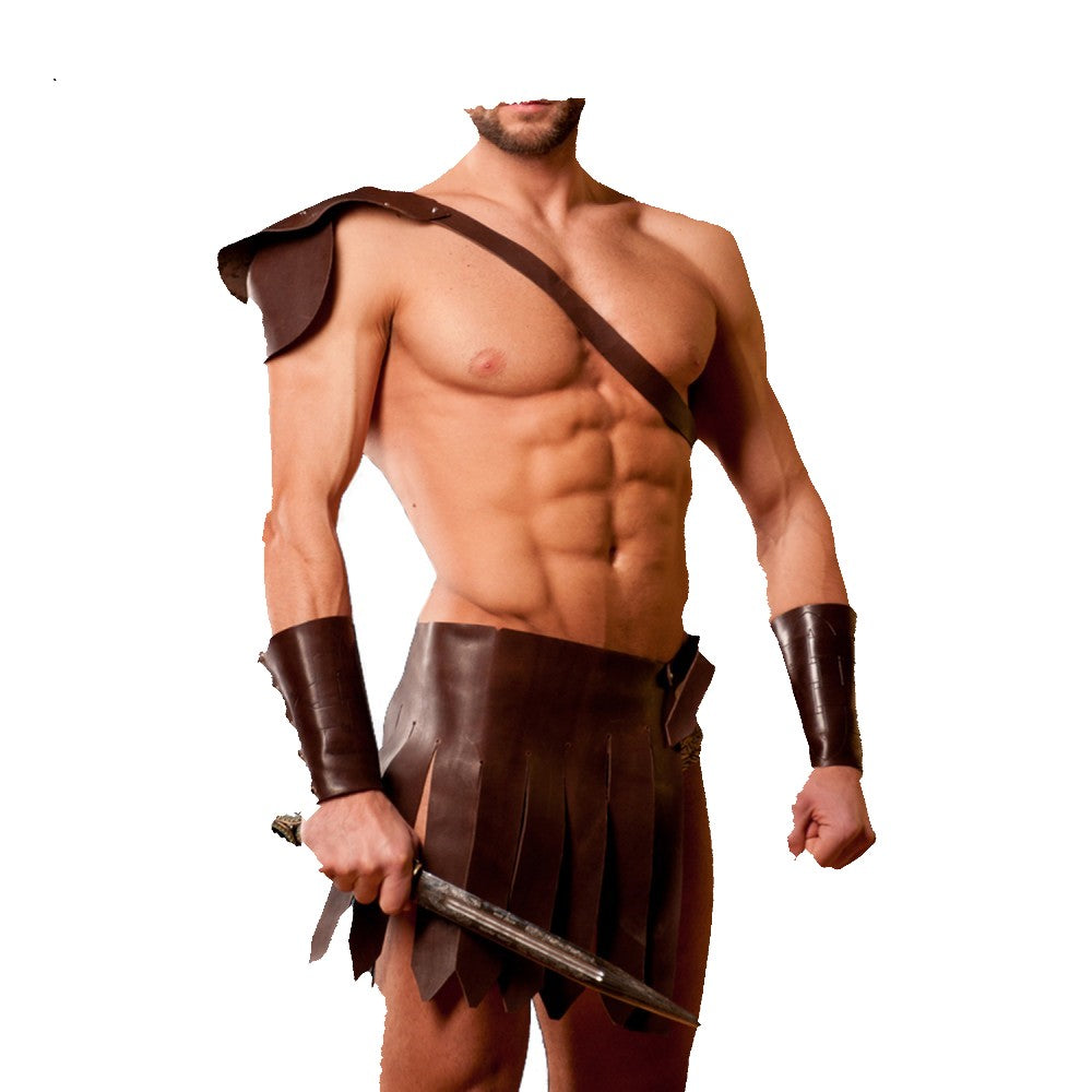 Mens Brown Genuine Leather 4 Piece Kilt Set Gladiator Roman LARP