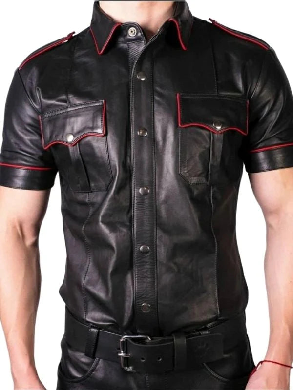 Men's Black Genuine Leather Short Sleeve Shirt