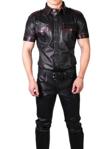 Men's Black Genuine Leather Short Sleeve Shirt