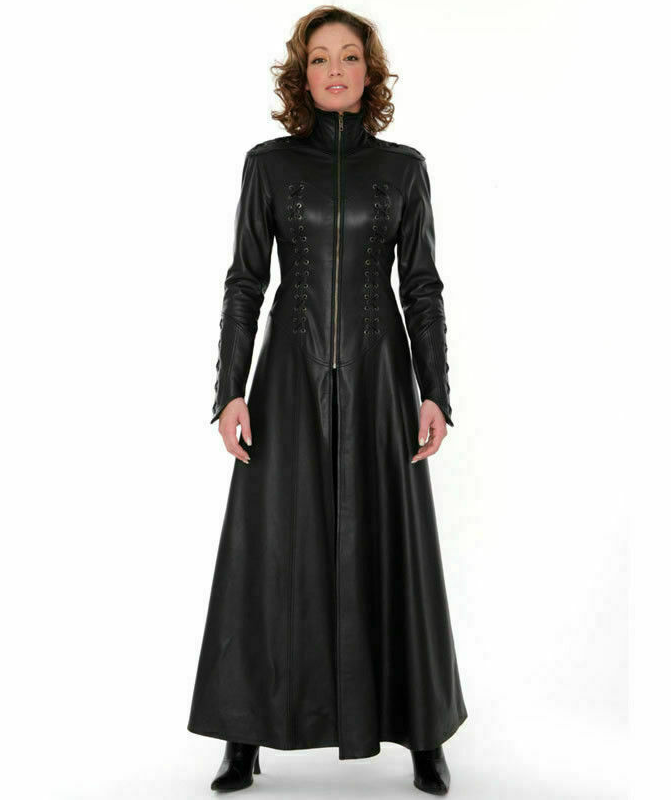 Ladies Black Genuine Lambskin Trench Coat Steampunk