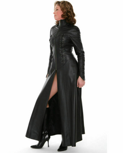 Trench-coat noir en cuir d'agneau véritable pour femme Steampunk