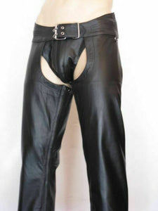 Chaps en cuir véritable noir pour hommes avec pantalon gay de morue détachable BLUF