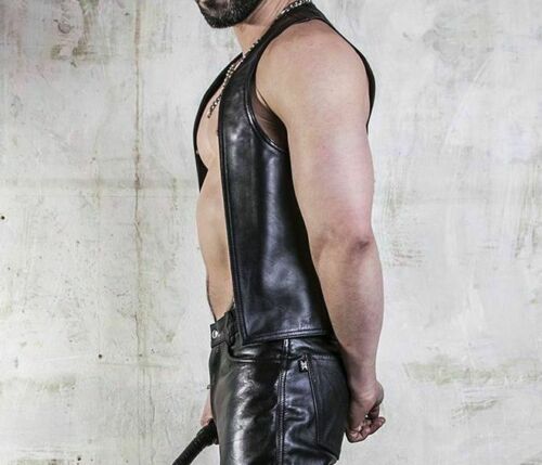 Men's Black Genuine Leather Open Gay Vest Fetish Bondage