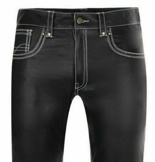 Pantalon de motard coupe slim en cuir véritable pour hommes