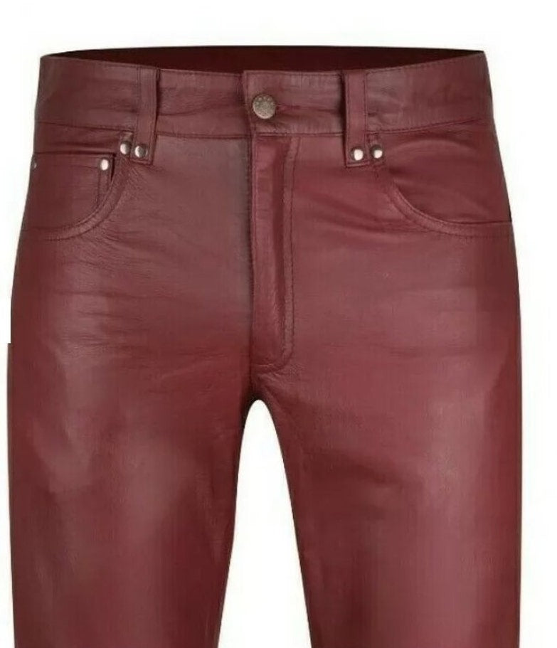 Men's Maroon Genuine Leather Pants