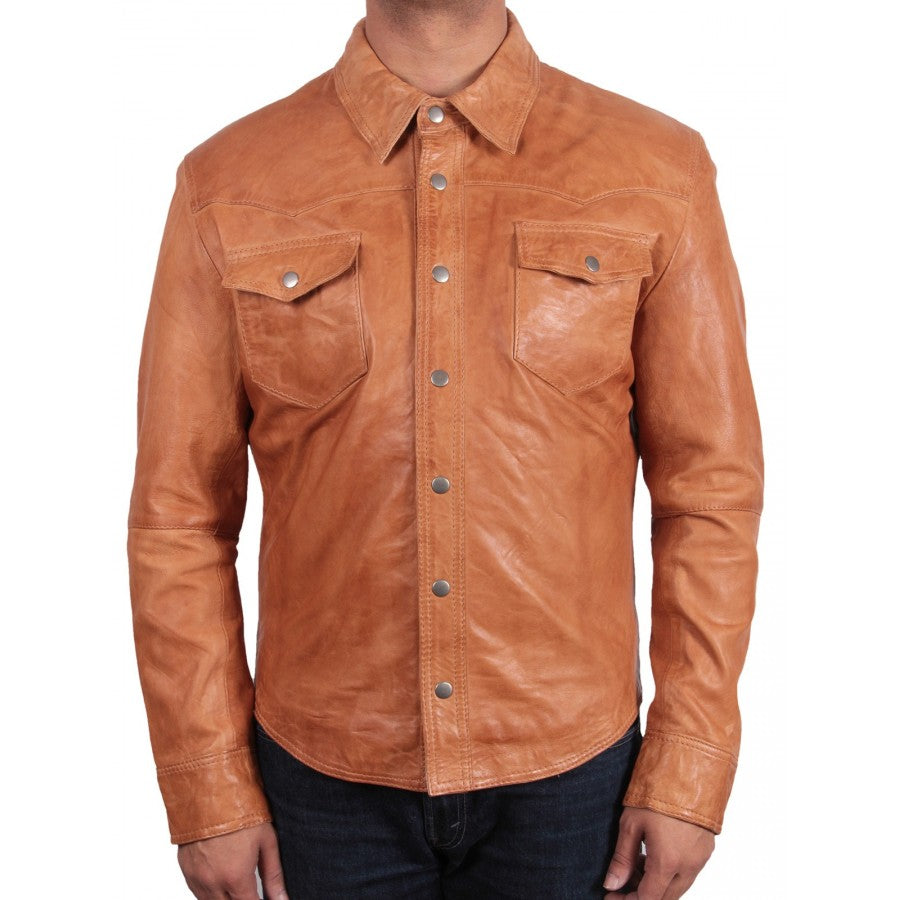 Men's Tan Genuine Leather Collared Full Sleeve Shirt