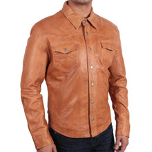 Charger l&#39;image dans la galerie, Chemise à manches longues en cuir véritable marron pour homme

