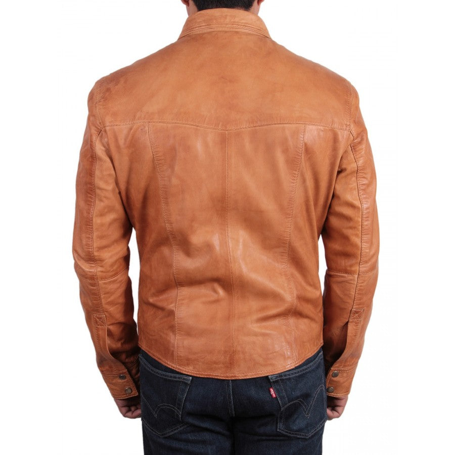 Men's Tan Genuine Leather Collared Full Sleeve Shirt