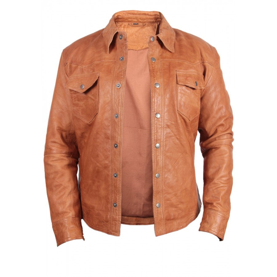 Men's Tan Genuine Leather Collared Full Sleeve Shirt